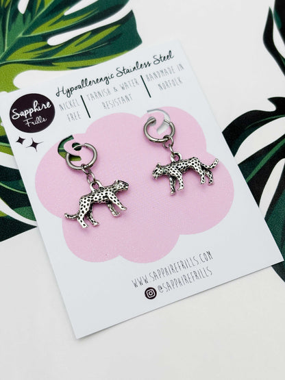 Small Silver Cheetah Charm Dangle Earrings or Necklace – Hypoallergenic Stainless Steel