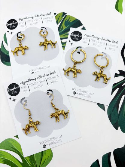 Small Gold Cheetah Charm Dangle Earrings or Necklace – Hypoallergenic Stainless Steel