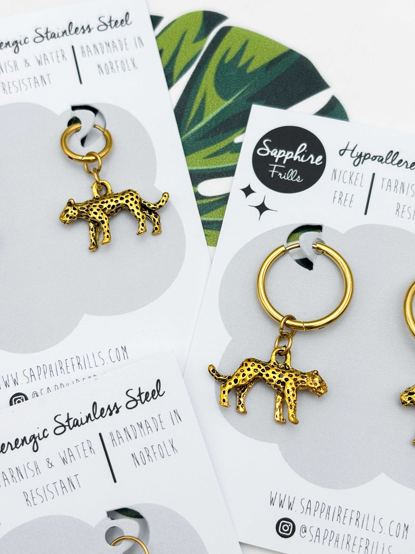 Small Gold Cheetah Charm Dangle Earrings or Necklace – Hypoallergenic Stainless Steel