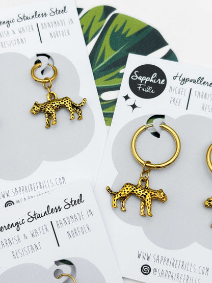 Small Gold Cheetah Charm Dangle Earrings or Necklace – Hypoallergenic Stainless Steel
