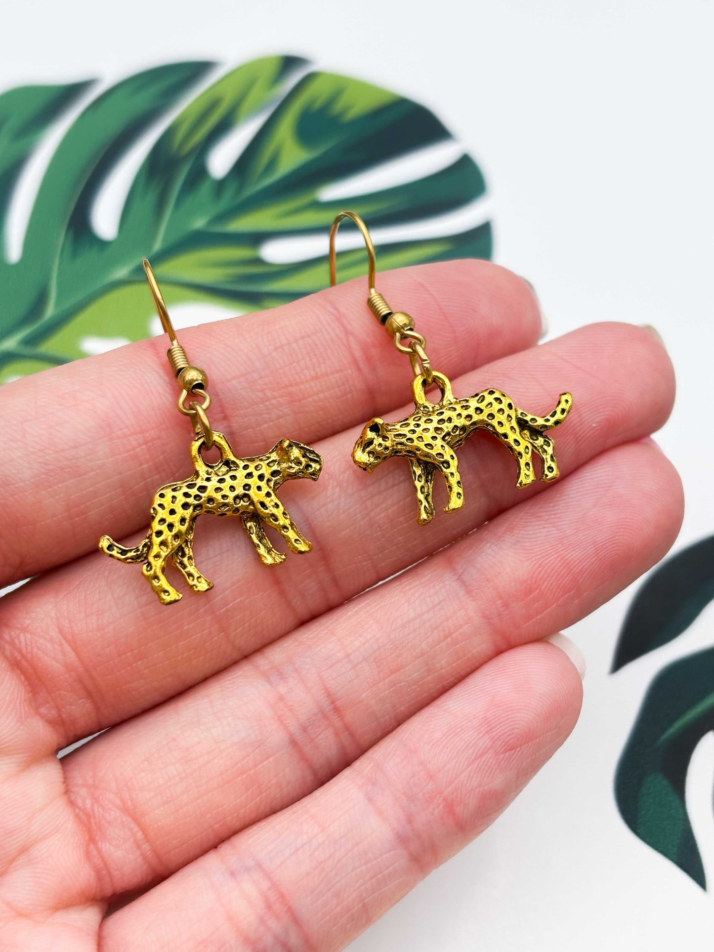 Small Gold Cheetah Charm Dangle Earrings or Necklace – Hypoallergenic Stainless Steel