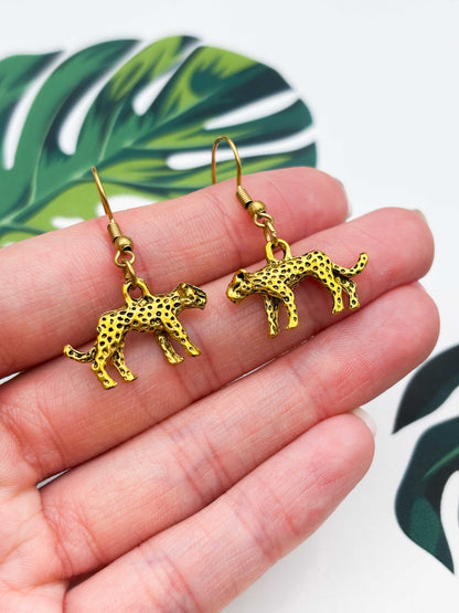 Small Gold Cheetah Charm Dangle Earrings or Necklace – Hypoallergenic Stainless Steel