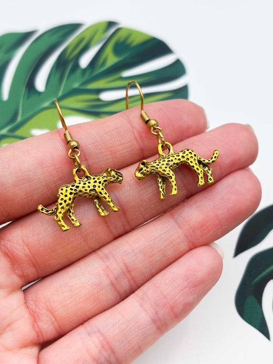 Small Gold Cheetah Charm Dangle Earrings or Necklace – Hypoallergenic Stainless Steel