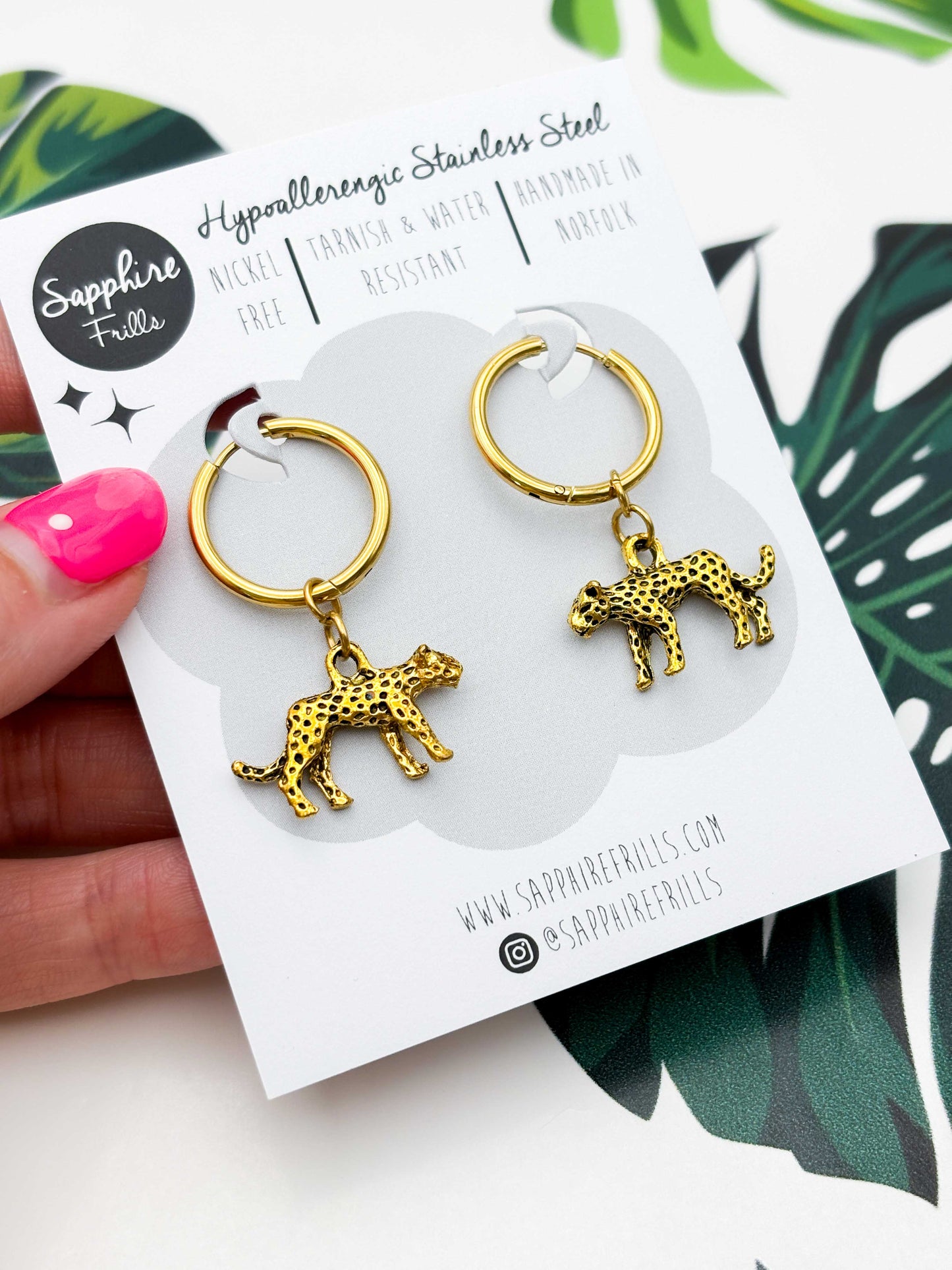 Small Gold Cheetah Charm Dangle Earrings or Necklace – Hypoallergenic Stainless Steel