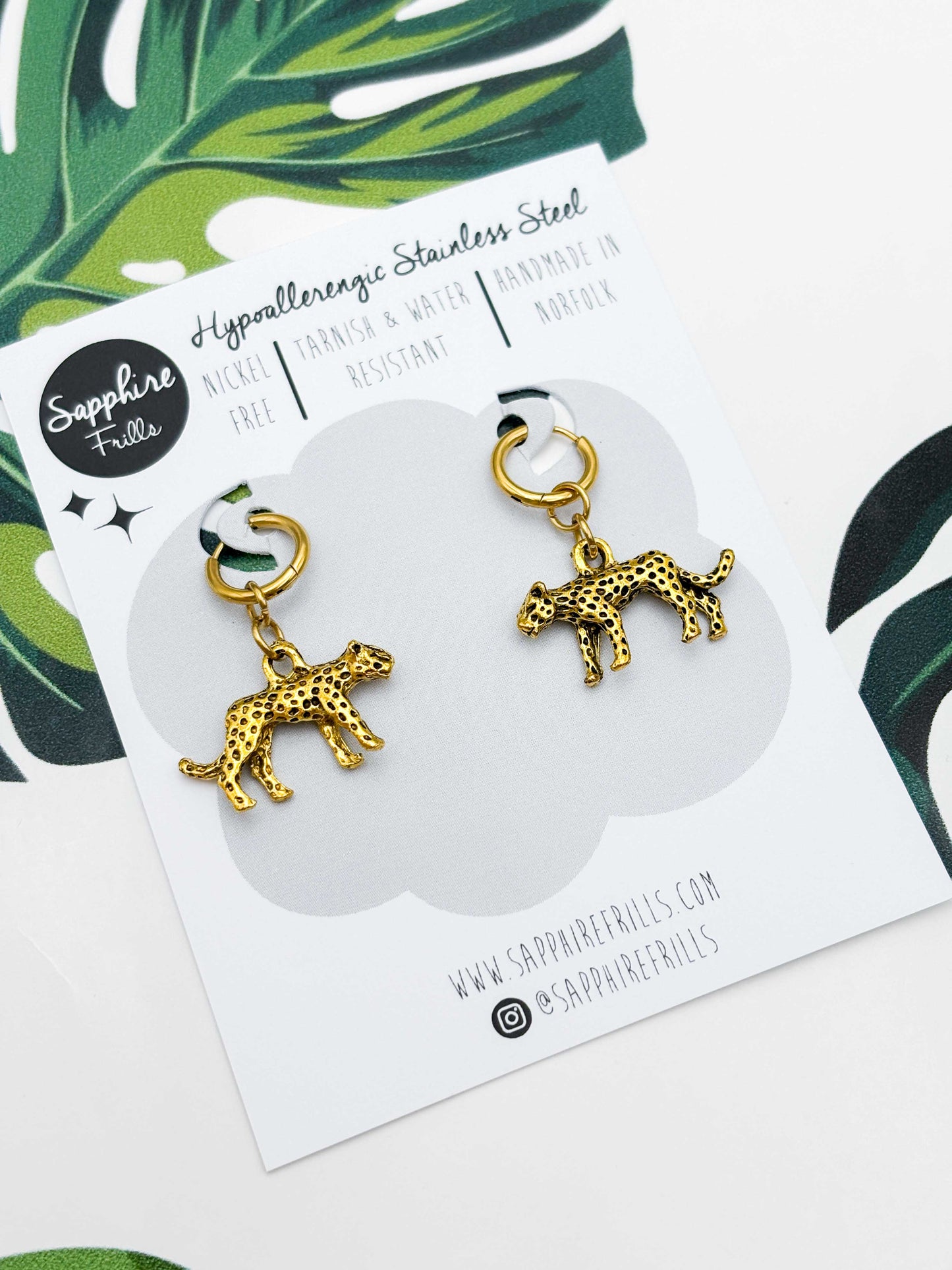 Small Gold Cheetah Charm Dangle Earrings or Necklace – Hypoallergenic Stainless Steel