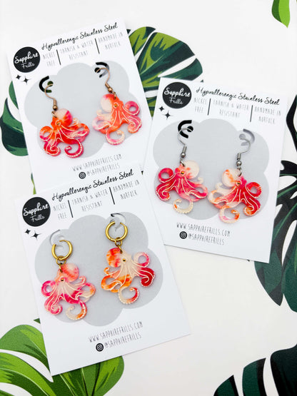 Large Orange & Hot Pink Ink Octopus Dangle Earrings or Necklace – Hypoallergenic Stainless Steel