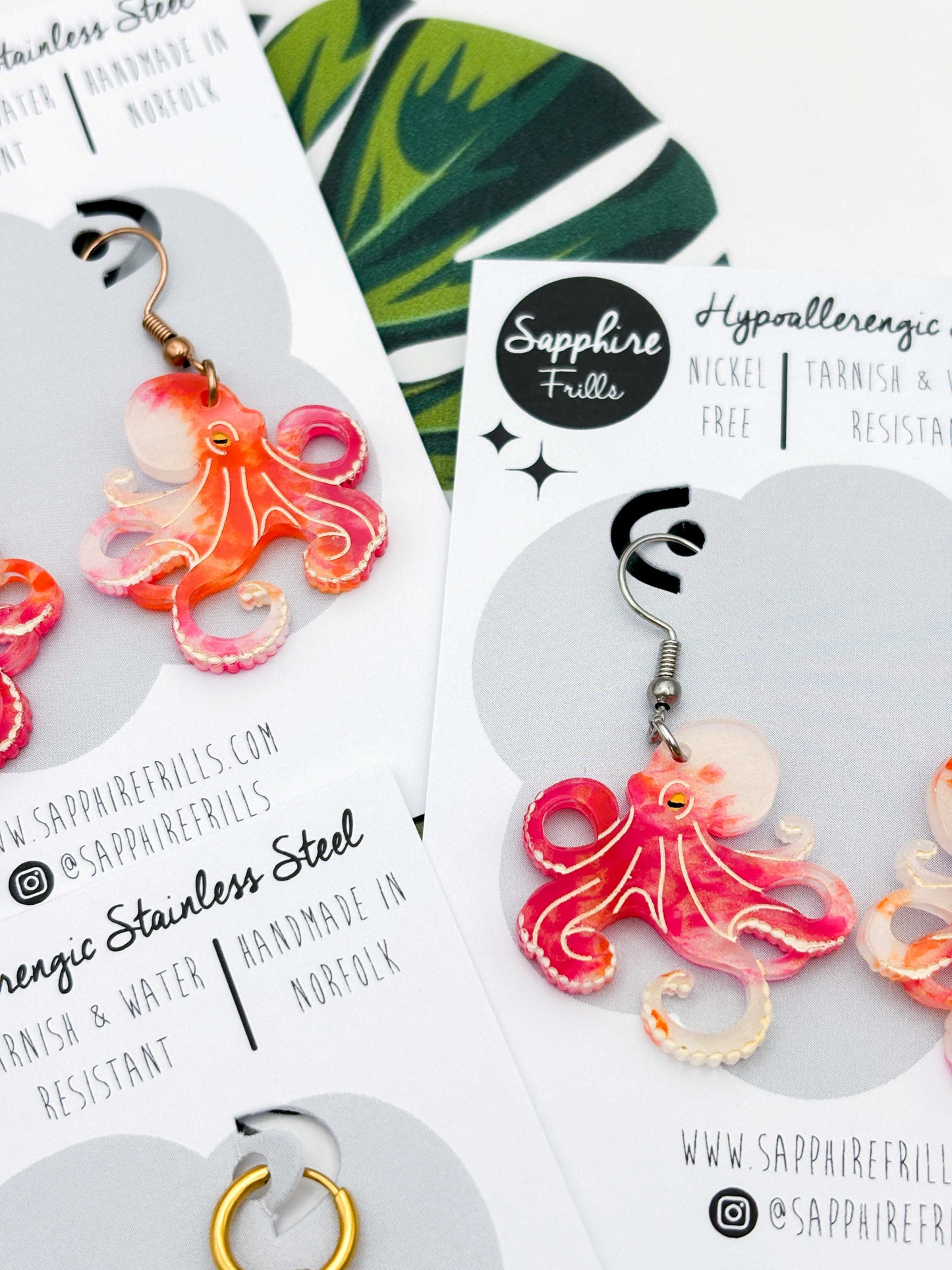 Large Orange & Hot Pink Ink Octopus Dangle Earrings or Necklace – Hypoallergenic Stainless Steel