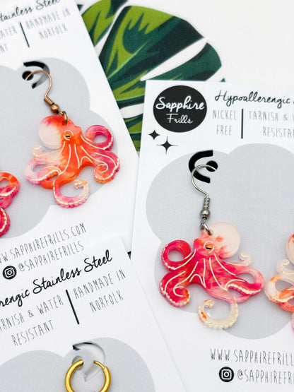 Large Orange & Hot Pink Ink Octopus Dangle Earrings or Necklace – Hypoallergenic Stainless Steel