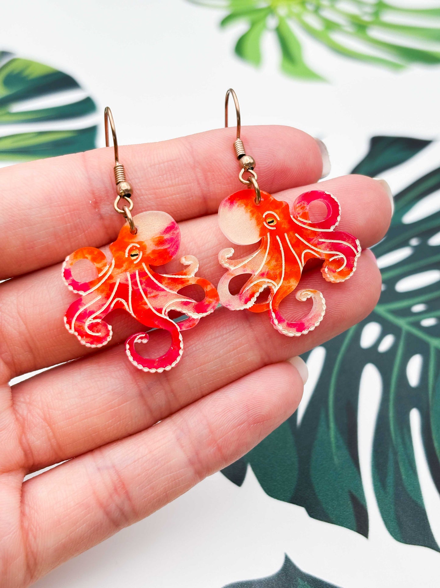 Large Orange & Hot Pink Ink Octopus Dangle Earrings or Necklace – Hypoallergenic Stainless Steel