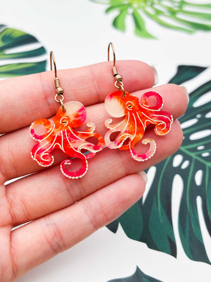 Large Orange & Hot Pink Ink Octopus Dangle Earrings or Necklace – Hypoallergenic Stainless Steel