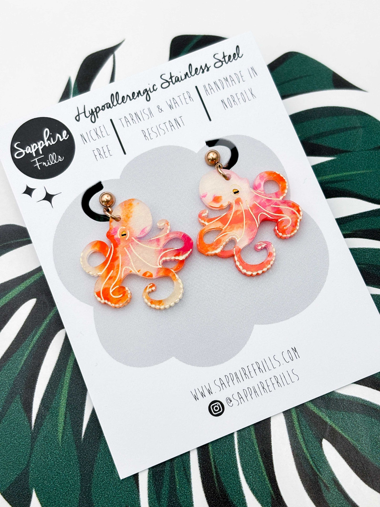 Large Orange & Hot Pink Ink Octopus Dangle Earrings or Necklace – Hypoallergenic Stainless Steel
