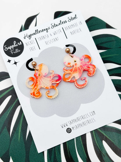 Large Orange & Hot Pink Ink Octopus Dangle Earrings or Necklace – Hypoallergenic Stainless Steel