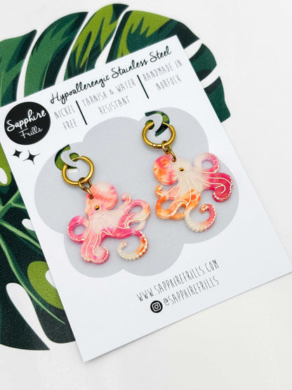 Large Orange & Hot Pink Ink Octopus Dangle Earrings or Necklace – Hypoallergenic Stainless Steel