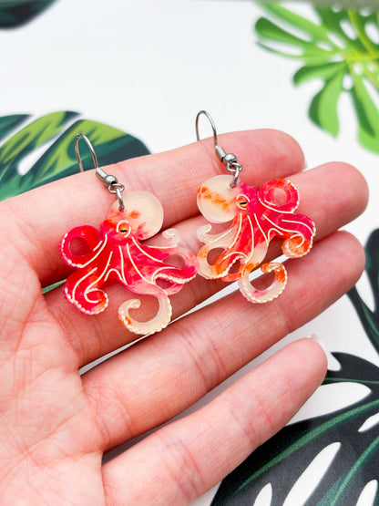 Large Orange & Hot Pink Ink Octopus Dangle Earrings or Necklace – Hypoallergenic Stainless Steel