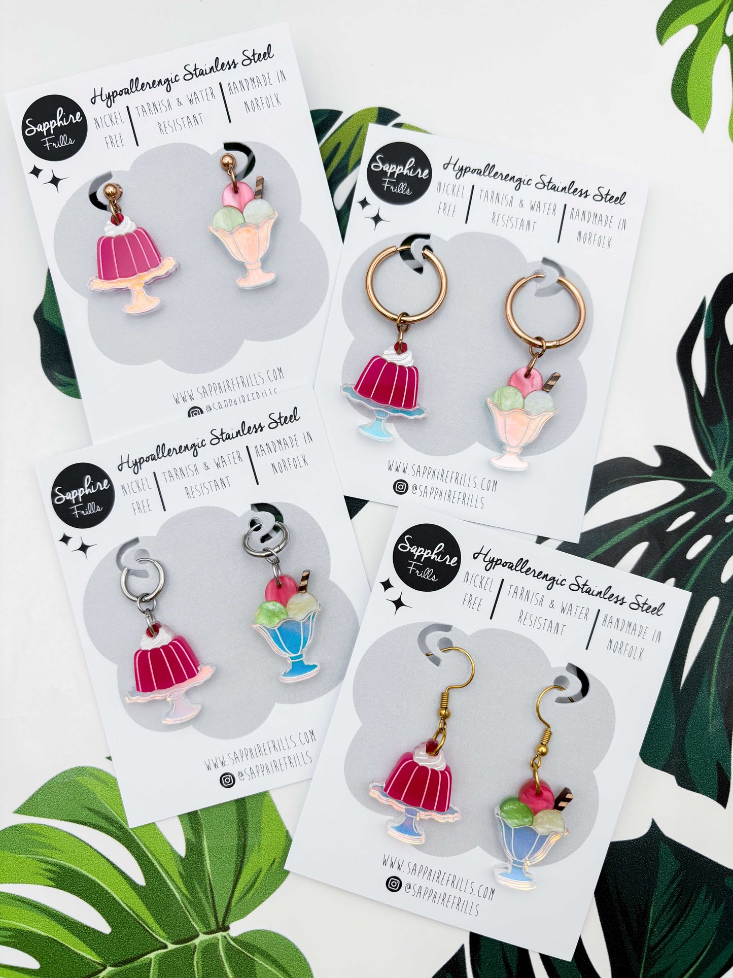 Large Strawberry, Pistachio & Vanilla Jelly & Ice Cream Sundae Dangle Earrings or Necklace – Hypoallergenic Stainless Steel