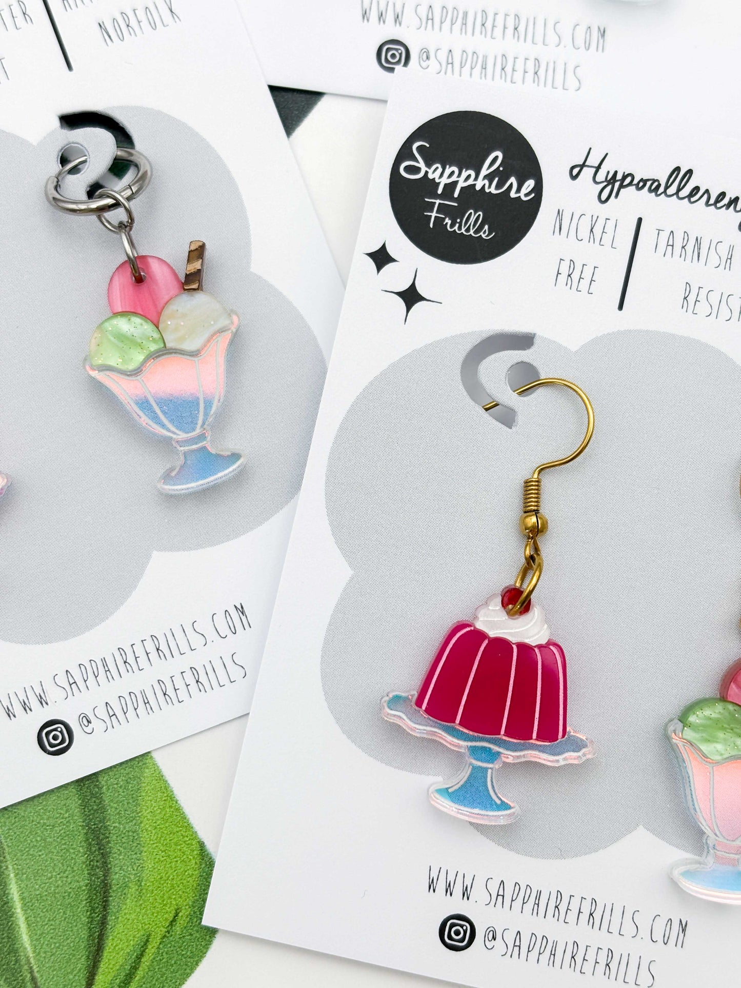 Large Strawberry, Pistachio & Vanilla Jelly & Ice Cream Sundae Dangle Earrings or Necklace – Hypoallergenic Stainless Steel