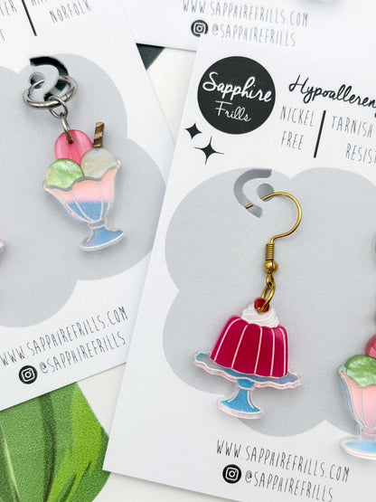 Large Strawberry, Pistachio & Vanilla Jelly & Ice Cream Sundae Dangle Earrings or Necklace – Hypoallergenic Stainless Steel