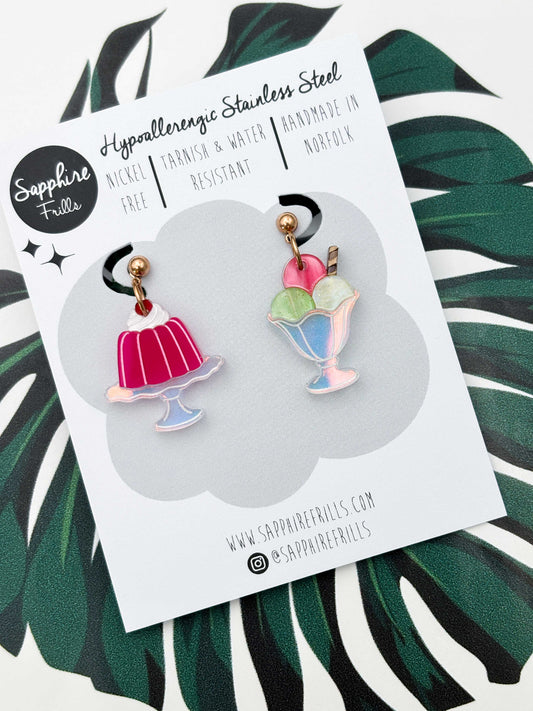 Large Strawberry, Pistachio & Vanilla Jelly & Ice Cream Sundae Dangle Earrings or Necklace – Hypoallergenic Stainless Steel