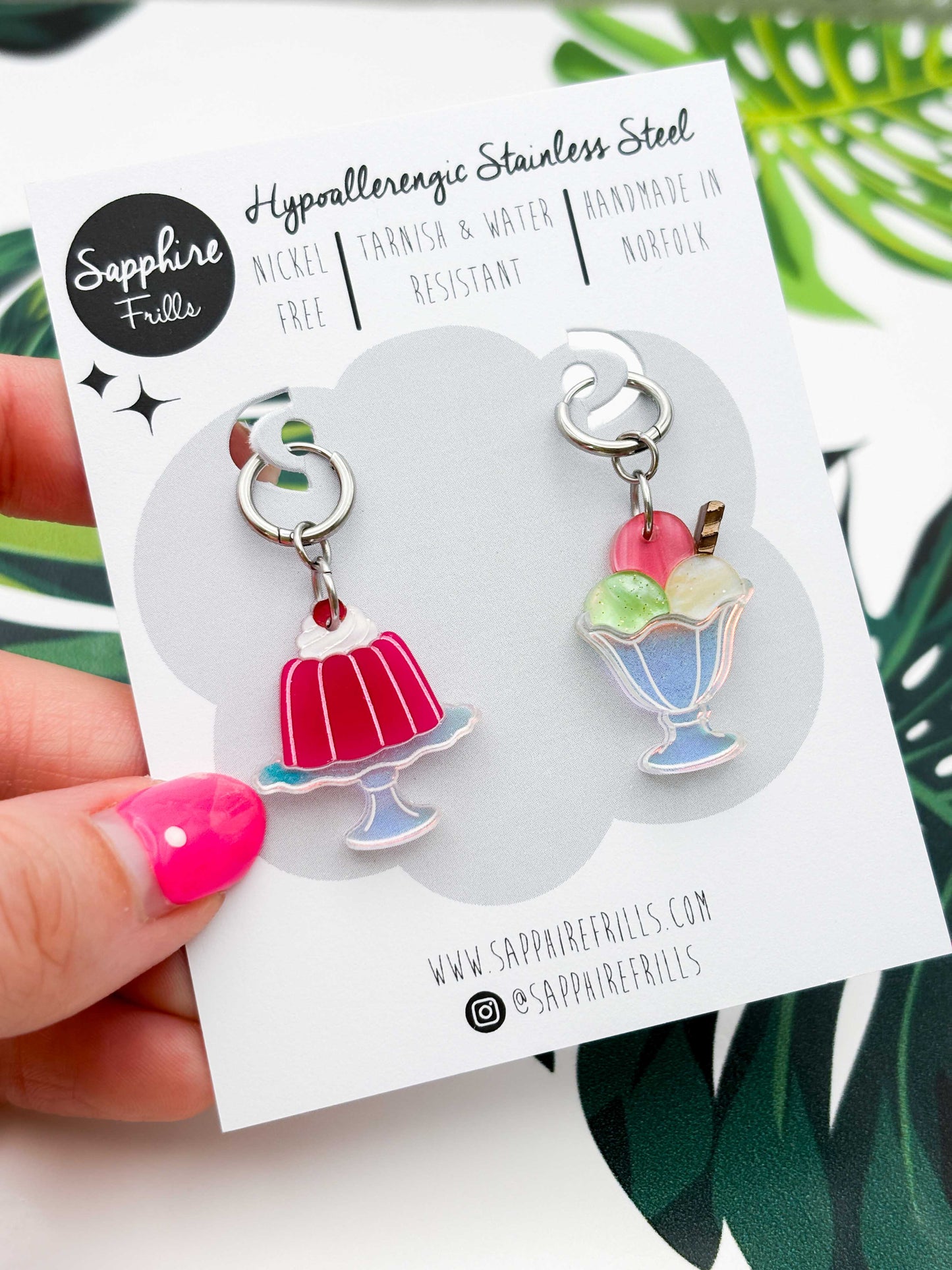 Large Strawberry, Pistachio & Vanilla Jelly & Ice Cream Sundae Dangle Earrings or Necklace – Hypoallergenic Stainless Steel