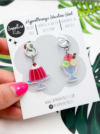 Large Strawberry, Pistachio & Vanilla Jelly & Ice Cream Sundae Dangle Earrings or Necklace – Hypoallergenic Stainless Steel