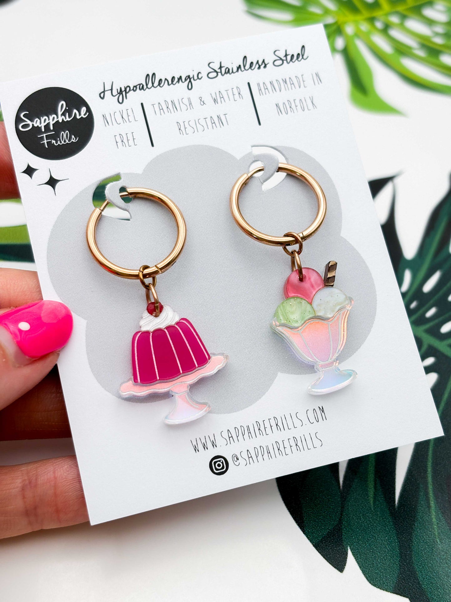 Large Strawberry, Pistachio & Vanilla Jelly & Ice Cream Sundae Dangle Earrings or Necklace – Hypoallergenic Stainless Steel