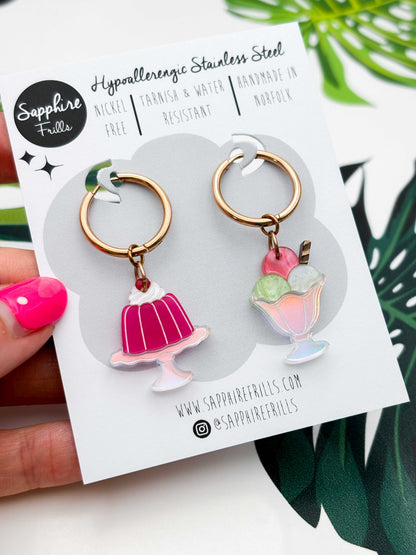 Large Strawberry, Pistachio & Vanilla Jelly & Ice Cream Sundae Dangle Earrings or Necklace – Hypoallergenic Stainless Steel