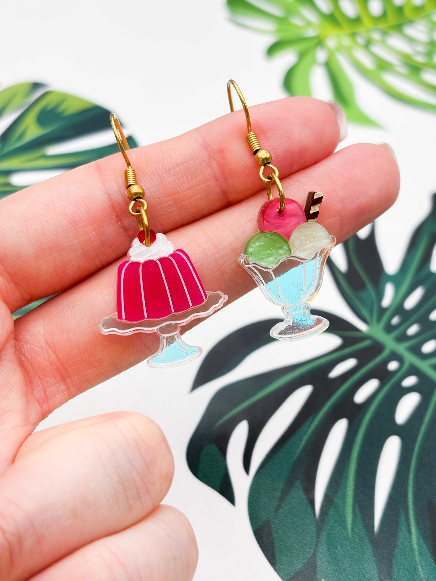 Large Strawberry, Pistachio & Vanilla Jelly & Ice Cream Sundae Dangle Earrings or Necklace – Hypoallergenic Stainless Steel