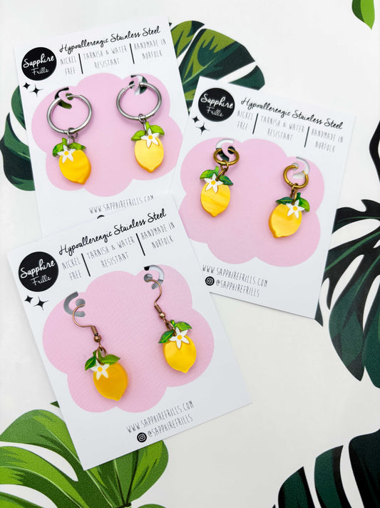 Small Yellow Lemon Blossom Dangle Earrings or Necklace – Hypoallergenic Stainless Steel