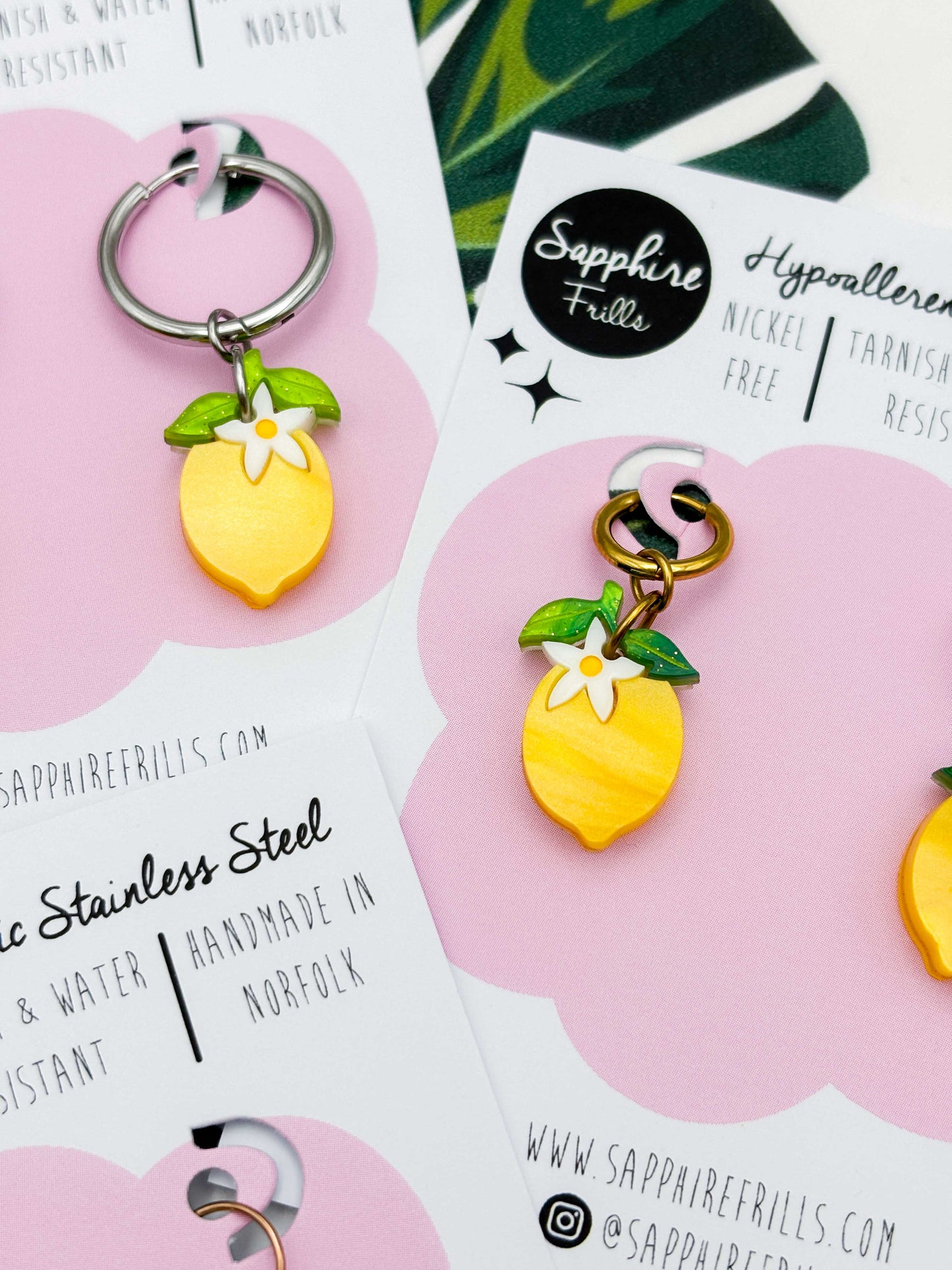 Small Yellow Lemon Blossom Dangle Earrings or Necklace – Hypoallergenic Stainless Steel