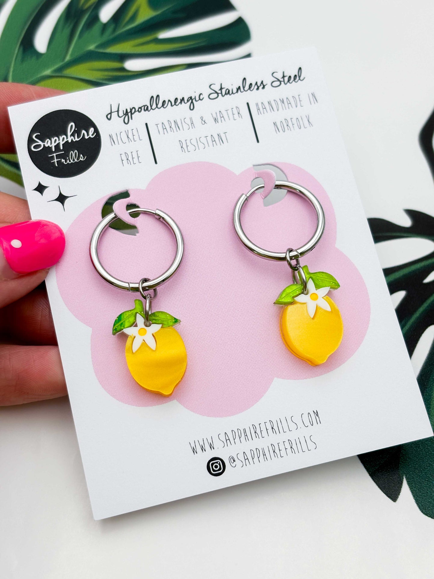 Small Yellow Lemon Blossom Dangle Earrings or Necklace – Hypoallergenic Stainless Steel