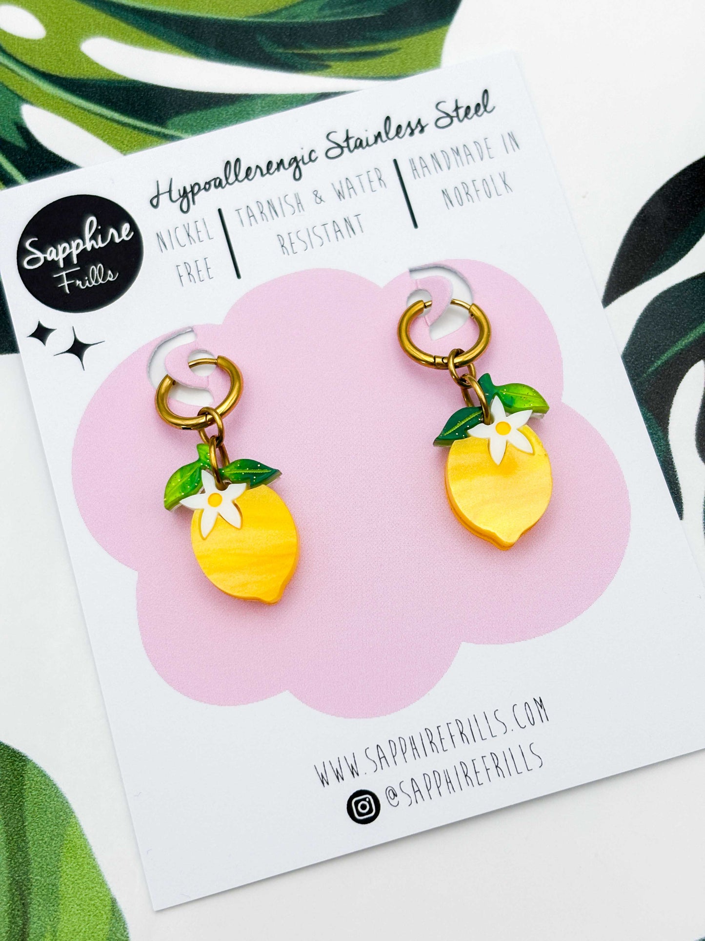 Small Yellow Lemon Blossom Dangle Earrings or Necklace – Hypoallergenic Stainless Steel