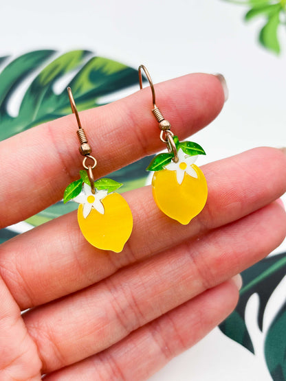Small Yellow Lemon Blossom Dangle Earrings or Necklace – Hypoallergenic Stainless Steel