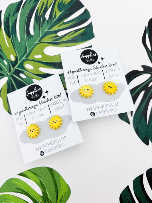 Small Yellow Sun with Cute Face Stud Earrings – Hypoallergenic Stainless Steel