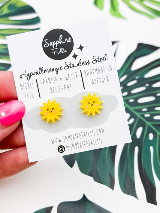 Small Yellow Sun with Cute Face Stud Earrings – Hypoallergenic Stainless Steel