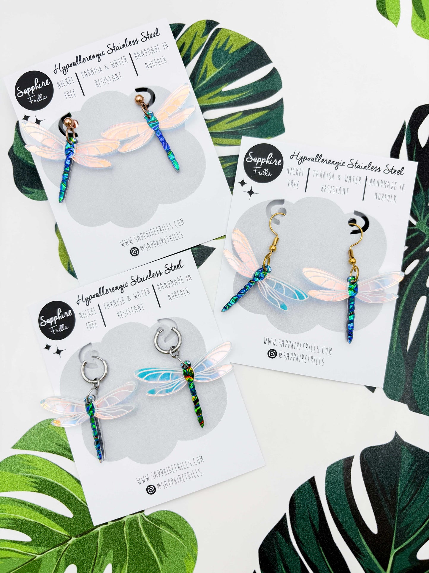 Large Green & Blue Metallic Dragonfly Dangle Earrings or Necklace – Hypoallergenic Stainless Steel