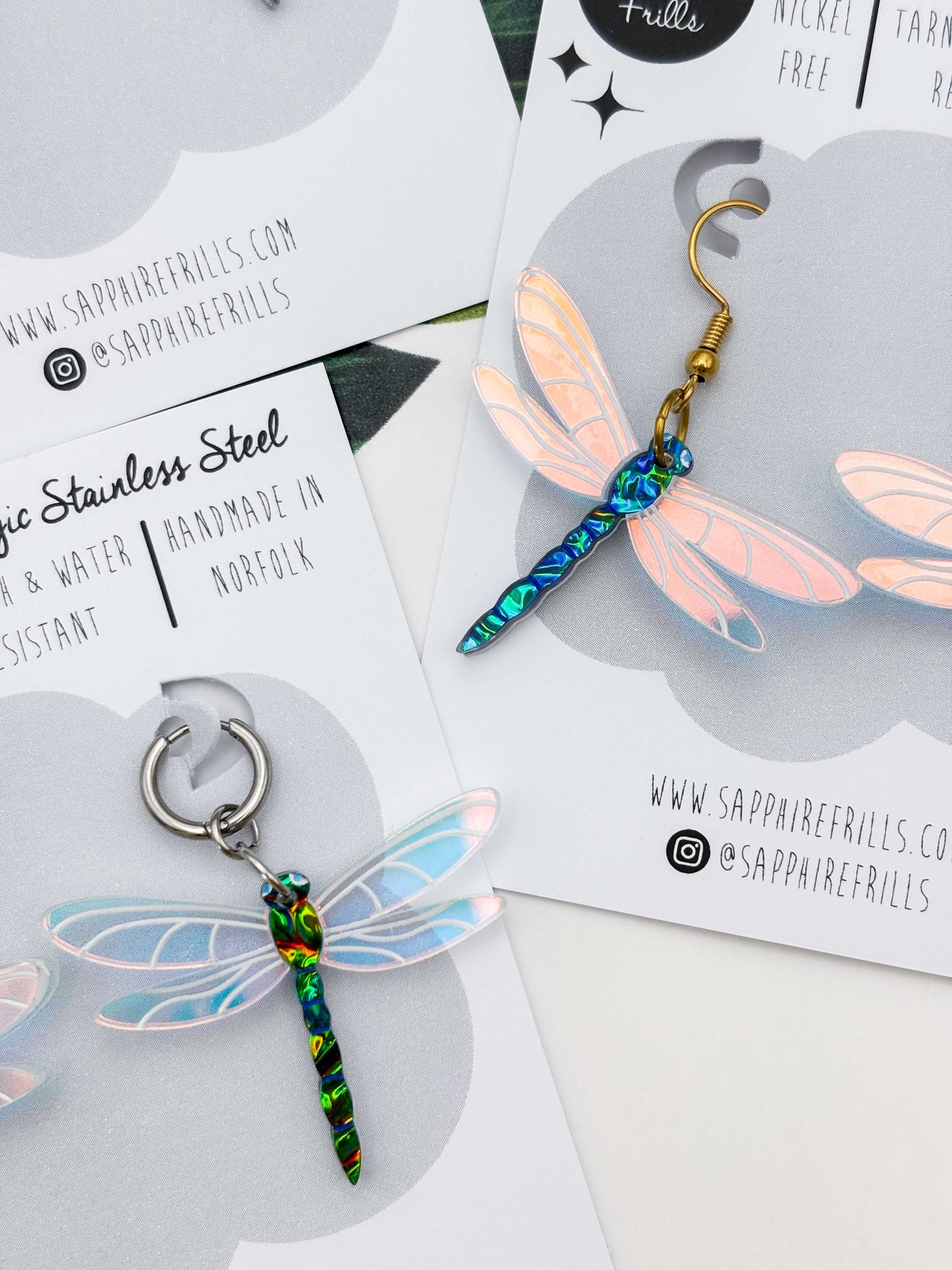 Large Green & Blue Metallic Dragonfly Dangle Earrings or Necklace – Hypoallergenic Stainless Steel