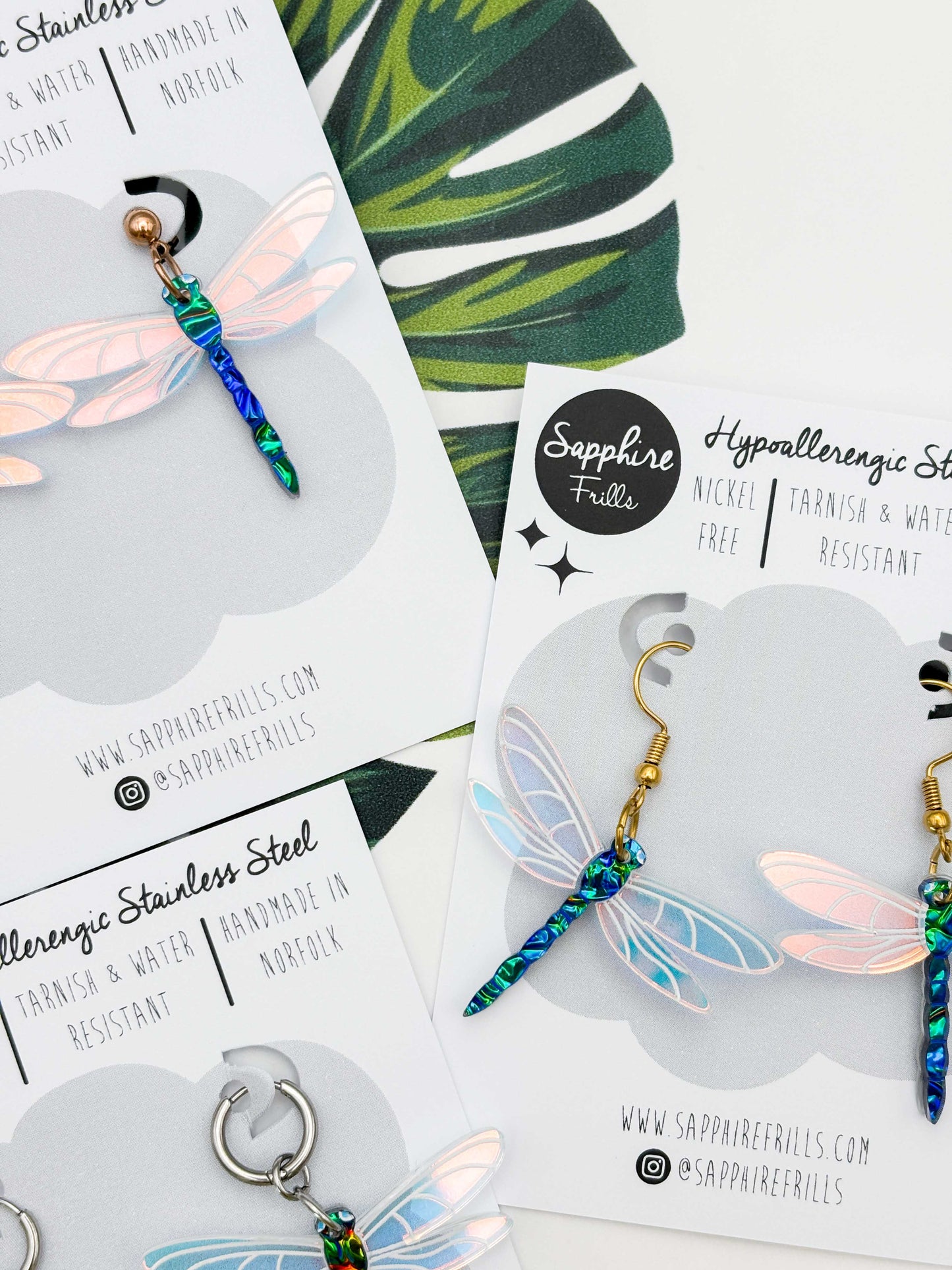 Large Green & Blue Metallic Dragonfly Dangle Earrings or Necklace – Hypoallergenic Stainless Steel