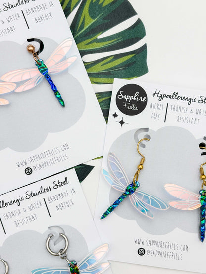 Large Green & Blue Metallic Dragonfly Dangle Earrings or Necklace – Hypoallergenic Stainless Steel