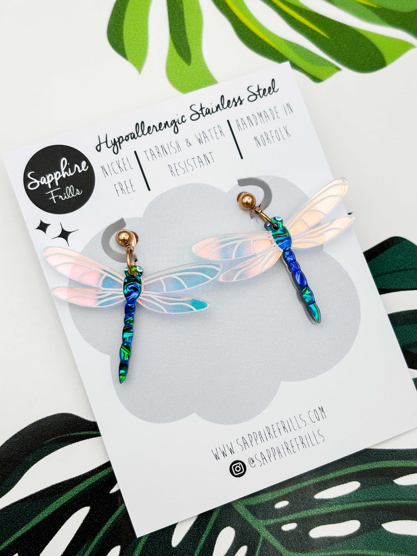 Large Green & Blue Metallic Dragonfly Dangle Earrings or Necklace – Hypoallergenic Stainless Steel