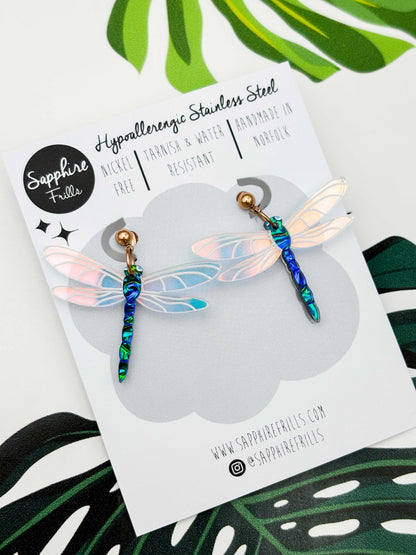 Large Green & Blue Metallic Dragonfly Dangle Earrings or Necklace – Hypoallergenic Stainless Steel