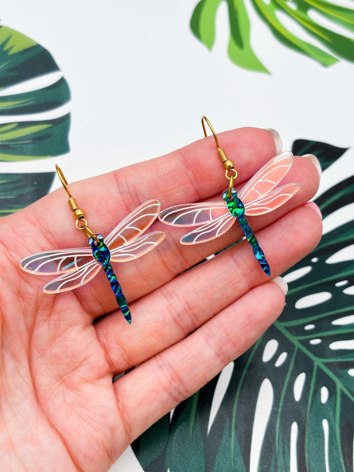 Large Green & Blue Metallic Dragonfly Dangle Earrings or Necklace – Hypoallergenic Stainless Steel