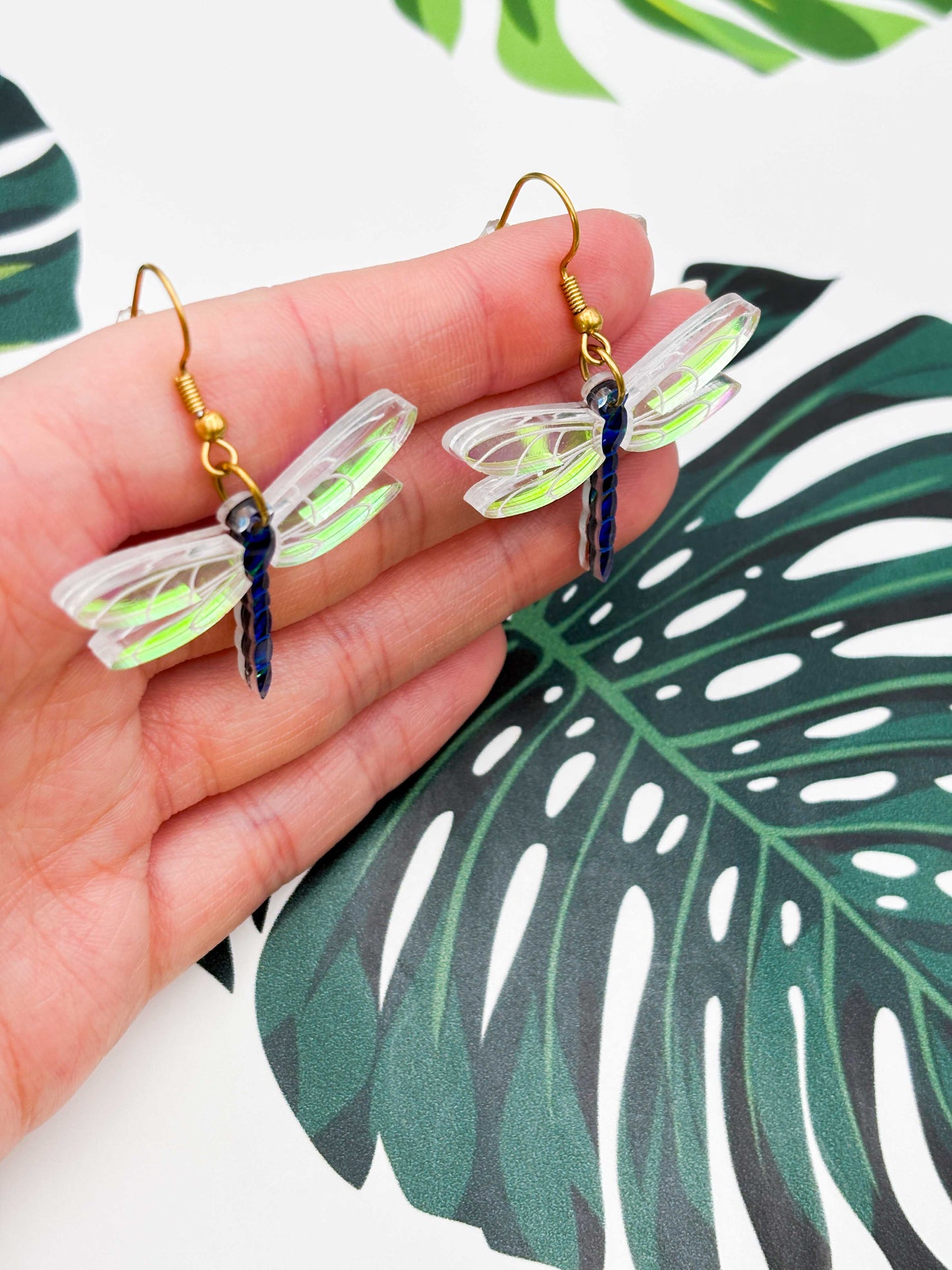 Large Green & Blue Metallic Dragonfly Dangle Earrings or Necklace – Hypoallergenic Stainless Steel