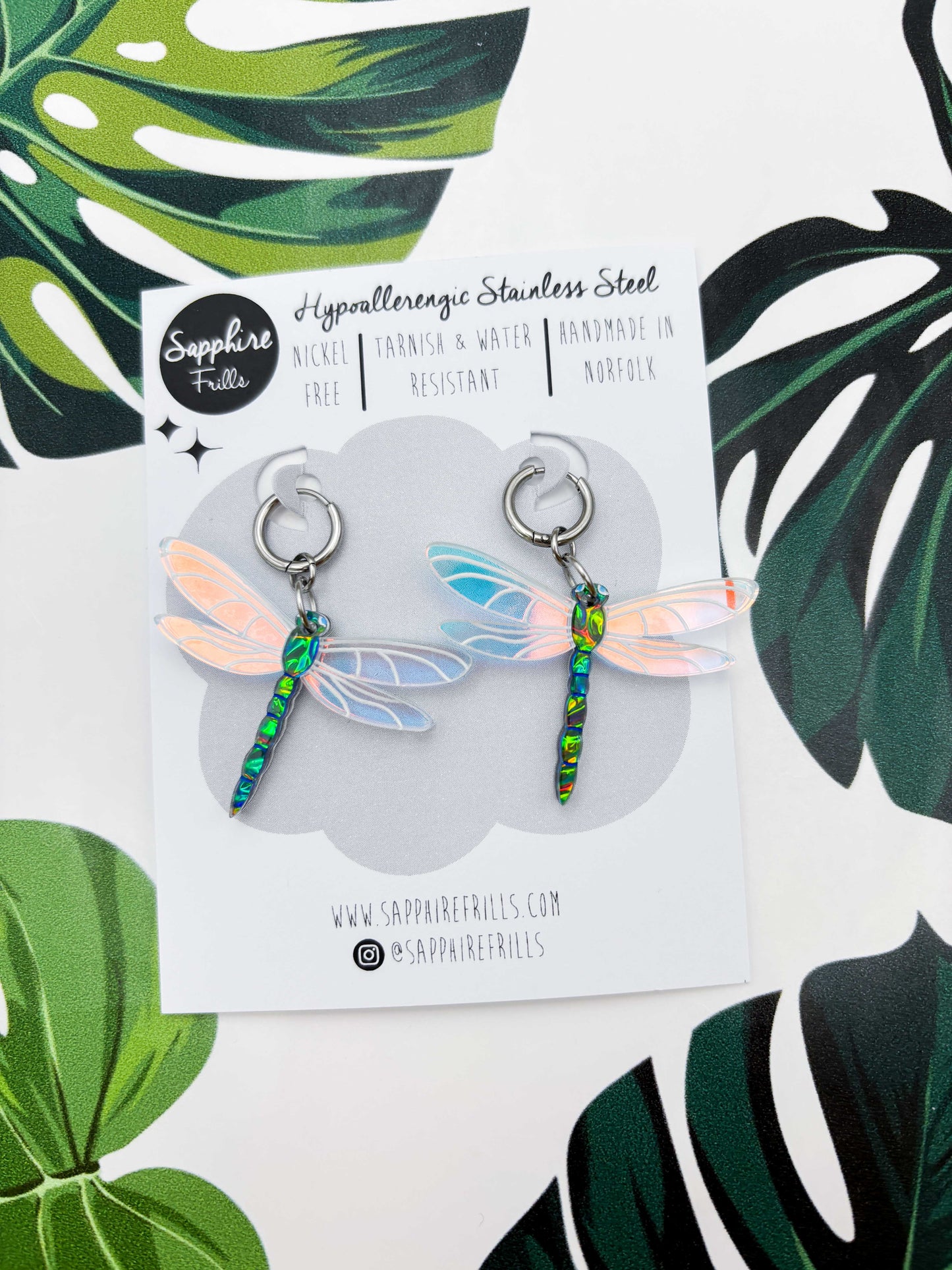Large Green & Blue Metallic Dragonfly Dangle Earrings or Necklace – Hypoallergenic Stainless Steel