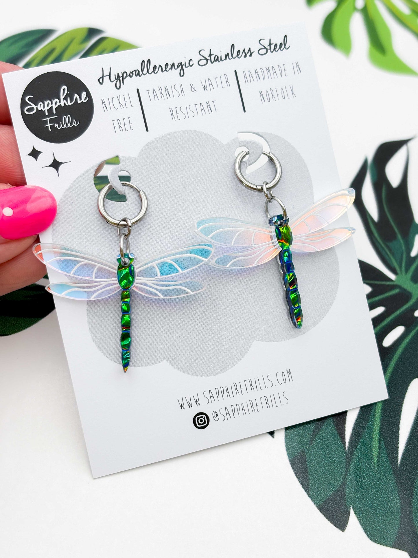 Large Green & Blue Metallic Dragonfly Dangle Earrings or Necklace – Hypoallergenic Stainless Steel