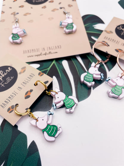 Medium Baby Pink Piglet with Blue Butterfly Acrylic Dangle Earrings or Necklace – Hypoallergenic Stainless Steel