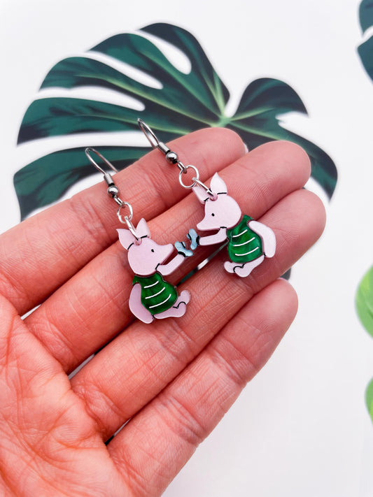 Medium Baby Pink Piglet with Blue Butterfly Acrylic Dangle Earrings or Necklace – Hypoallergenic Stainless Steel