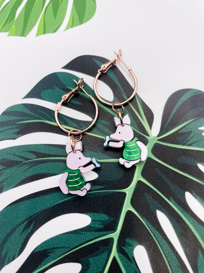 Medium Baby Pink Piglet with Blue Butterfly Acrylic Dangle Earrings or Necklace – Hypoallergenic Stainless Steel