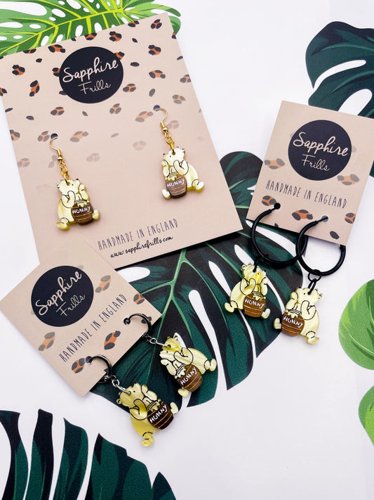 Medium Yellow Winnie the Pooh with Brown Hunny Pot Acrylic Dangle Earrings or Necklace – Hypoallergenic Stainless Steel