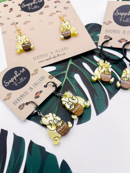 Medium Yellow Winnie the Pooh with Brown Hunny Pot Acrylic Dangle Earrings or Necklace – Hypoallergenic Stainless Steel