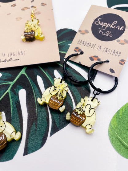 Medium Yellow Winnie the Pooh with Brown Hunny Pot Acrylic Dangle Earrings or Necklace – Hypoallergenic Stainless Steel